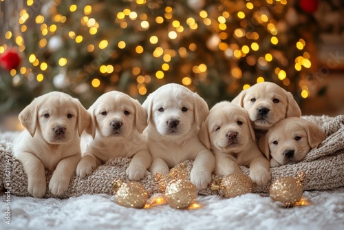 Six playful yellow lab puppies enjoying a cozy holiday setting with soft lights and festive decorations