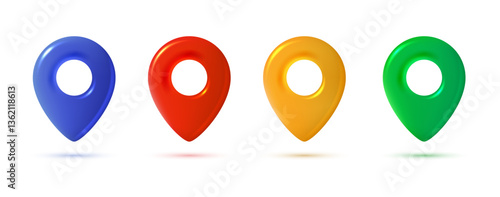 Realistic GPS pins set for map. Isolated geotag icons in blue, red, yellow and green colors, front view. Vector 3d illustration.