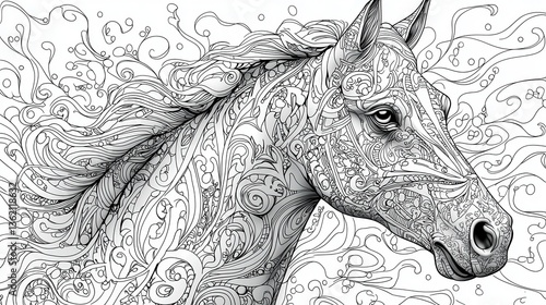An intricate, hand-drawn Zentangle horse, adorned with flowing lines and elaborate details, invites adults to embark on a journey of creative expression and relaxation. This therapeutic coloring 
