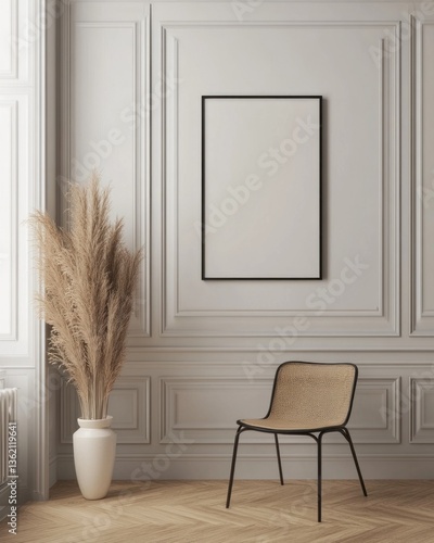 Minimalist interior with pampas grass, chair, and blank frame.