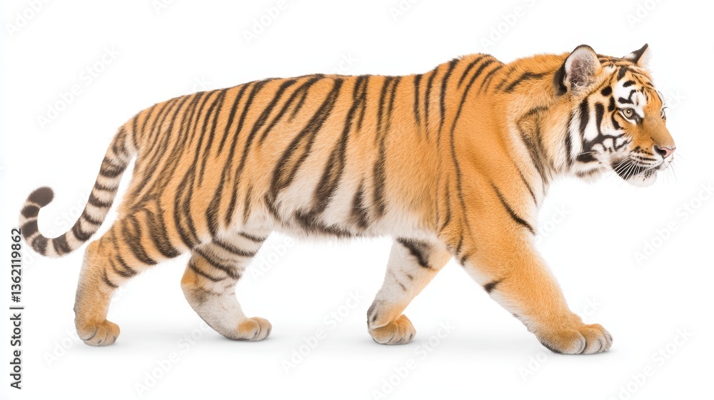 Fototapeta premium Majestic tiger in stately stride portrait on white