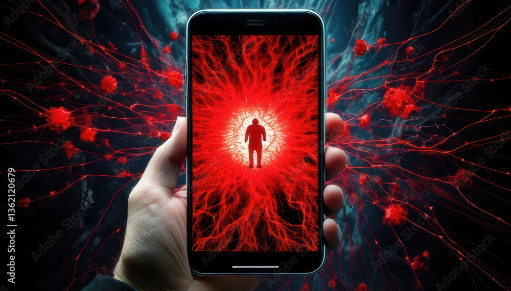 Fototapeta premium smartphone displays vivid red alert, symbolizing cyber attack, with figure silhouetted in center, evoking urgency and concern