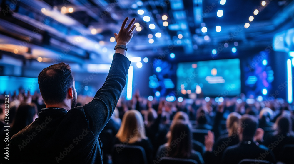 Rear perspective of participants raising hands during a Q&A session, the speaker engaging with the crowd on a professionally staged platform with corporate logos projected behind