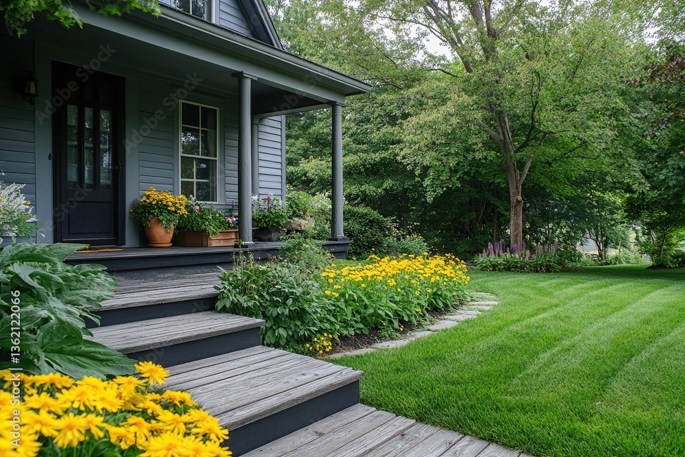 Naklejka premium Gray House with Yellow Flowers and Green Lawn
