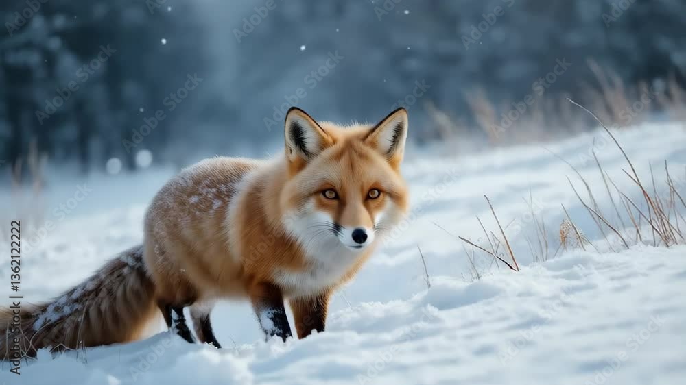 Red Fox Walking in Snowy Winter Wonderland Beautiful Wildlife Scene Red Fox Walking in Snowy Winter Wonderland Beautiful Wildlife Scene