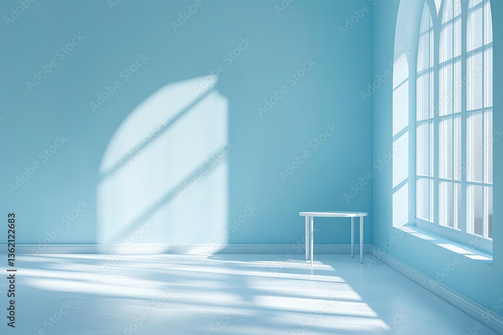Fototapeta premium Minimalist Blue Room with Arched Window, Table, and Sunlight Casting Shadows 3D Render