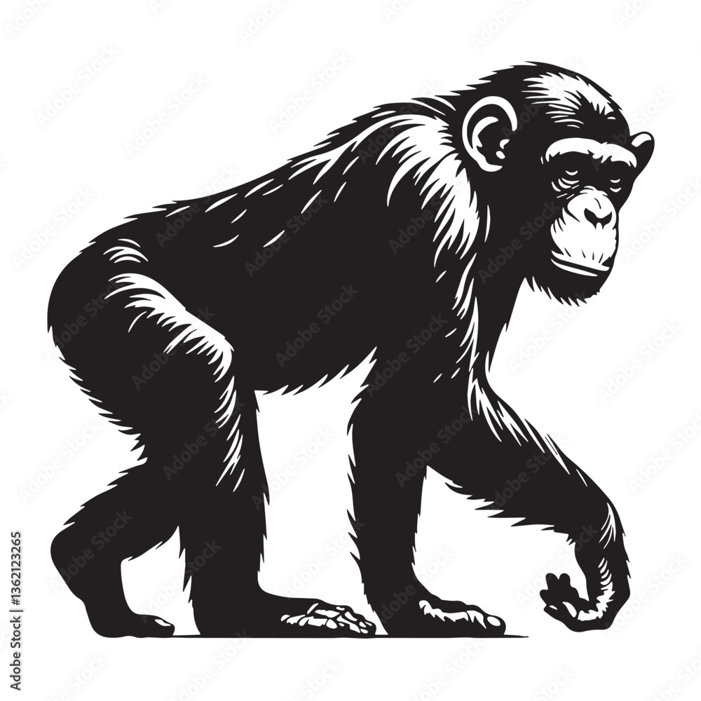 Fototapeta premium Black Color Chimpanzee Silhouette Vector Illustration, Solid White Background