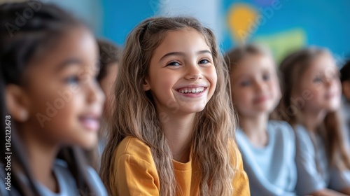 Happy Diverse Group of School Children Smiling Brightly in Classroom A joyful scene of elementary school kids
