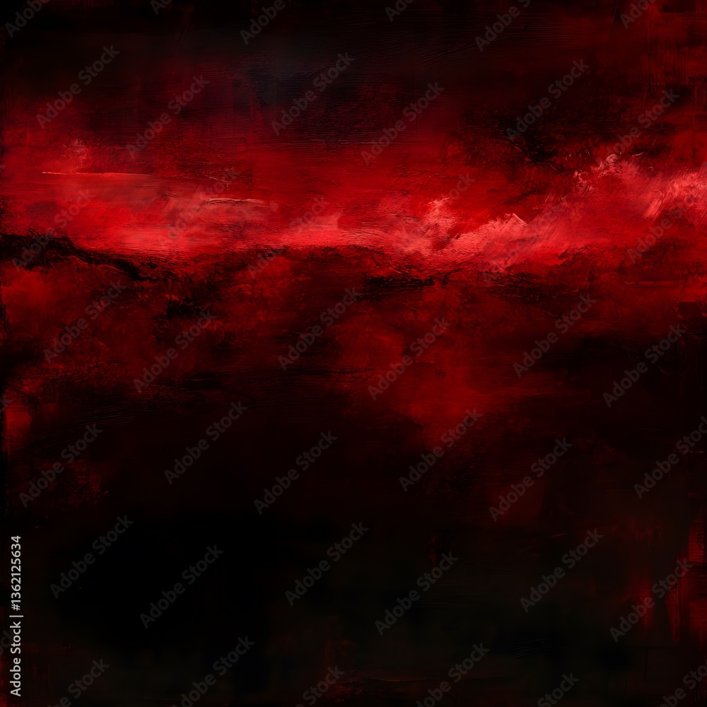 Deep red and black abstract artwork depicting a mysterious dark landscape