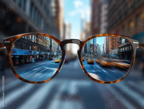 Stylish glasses frame a bustling city street with dynamic motion blur, capturing the energy of urban life at midday