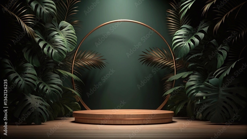 A luxurious wooden podium with a circular golden frame, set in a lush, tropical environment.
A luxurious wooden podium with a circular golden frame, set in a lush, tropical environment.