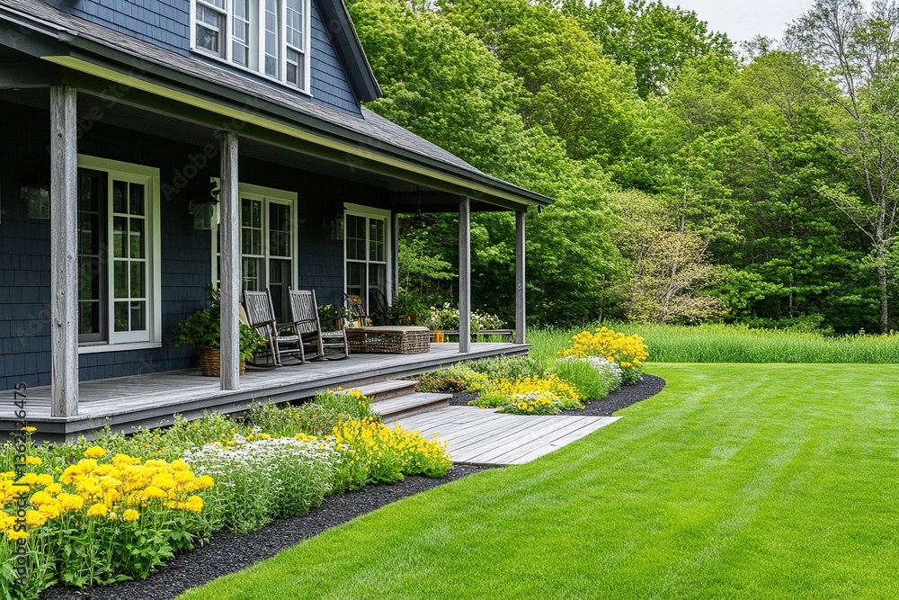 Naklejka premium Gray House with Yellow Flowers and Green Lawn