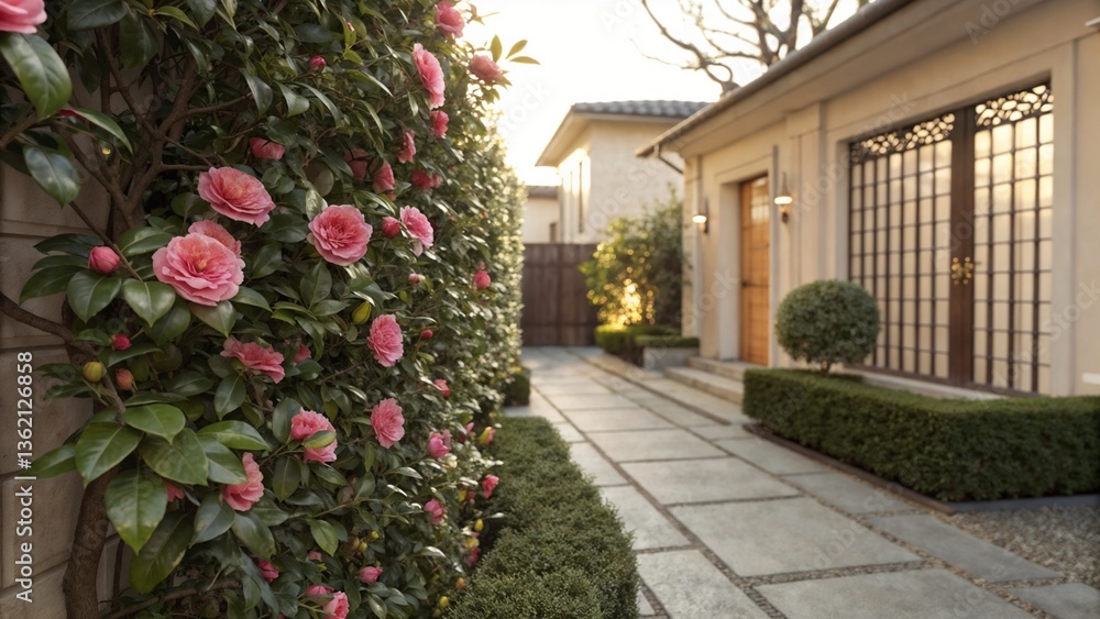 Fototapeta premium Blooming camellia hedge near traditional house entrance