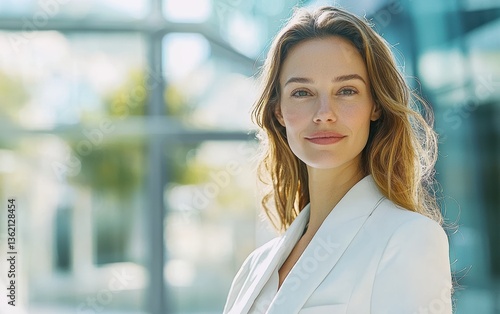 Luxury beauty shot of a European businesswoman in crisp white tailoring, softly blurred ultra-modern coworking hub Free Download Luxury beauty shot of a European businesswoman in crisp white tailoring, softly blurred ultra-modern coworking hub - GFXLoad