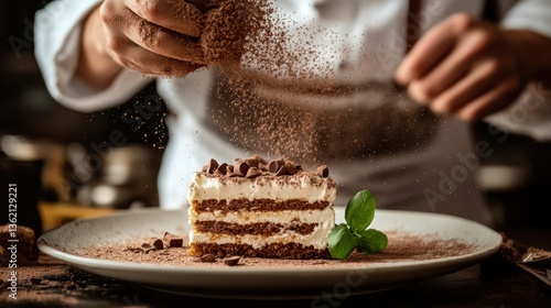 Artisanal Tiramisu Dessert Creation with Cocoa Dusting by a Professional Chef