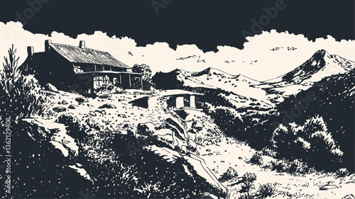 Black and white vector illustration depicting a traditional Mexican adobe house perched on a desert hillside. Dramatic composition showcases rugged mountain landscape with cacti, rocks, and cloudy sky