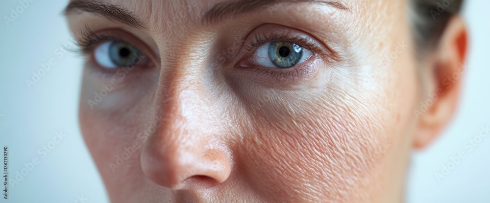 Fototapeta premium A 40-year-old American woman displays noticeable signs of skin aging, with fine lines and wrinkles evident on her face. The close-up captures her expression and aging features beautifully