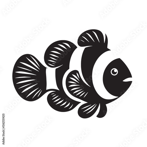 Black Color Clownfish Silhouette Vector Illustration, Solid White Background