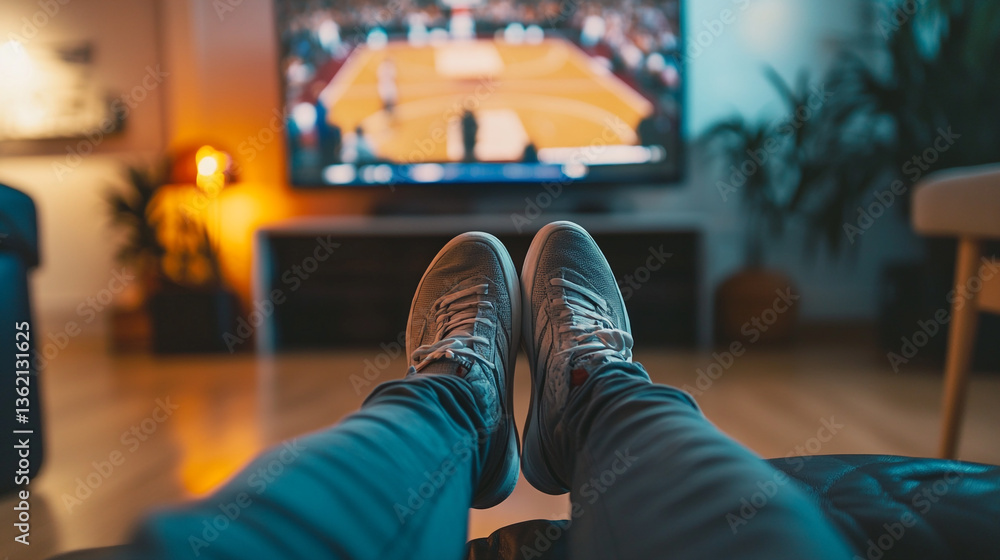 A person watching basketball game on the television while relaxing on the couch with sneakers on feet A person watching basketball game on the television while relaxing on the couch with sneakers on feet