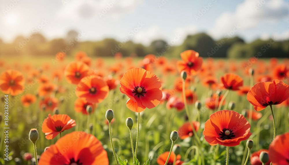 Vibrant poppy flowers blooming under sunlight for blogs, websites, nature-themed designs, greeting cards, educational materials, and floral illustrations Vibrant poppy flowers blooming under sunlight for blogs, websites, nature-themed designs, greeting cards, educational materials, and floral illustrations