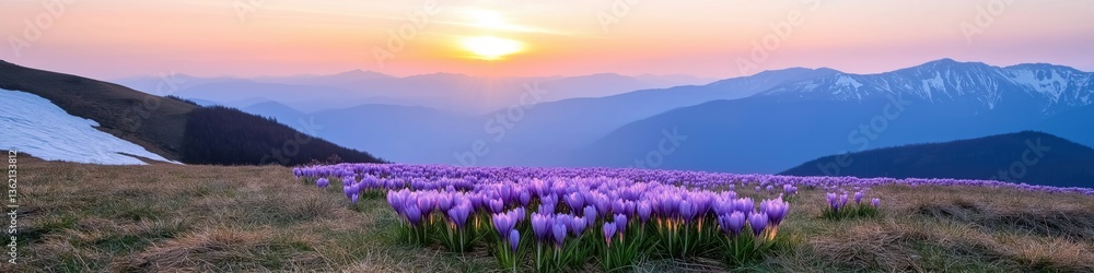Obraz premium A picturesque scene of a field of purple flowers with a stunning sunset in the background. The sky is painted with warm hues of orange, pink, and purple, creating a serene and tranquil atmosphere