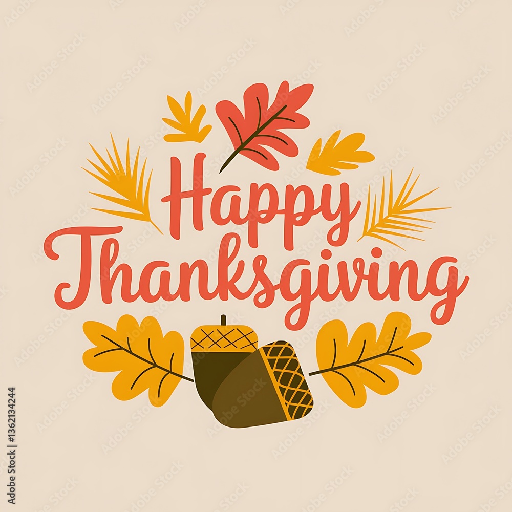 Obraz premium A festive and warm Thanksgiving design featuring orange typography vibrant autumn leaves detailed acorns on a light beige background pumpkins golden wheat twinkling fairy lights for a cozy ambiance