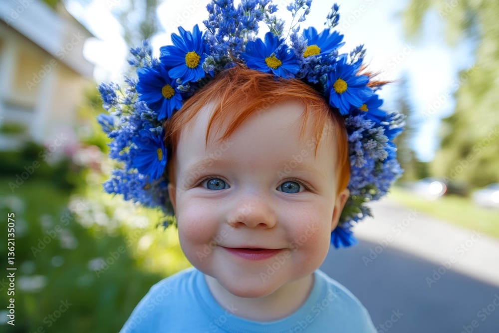 Happy caucasian infant boy with red hair wearing blue flower circlet on his head. Morning glow. Happy summertime holidays idea. Smiling kid in a natural setting. Child’s outdoor adventure. Happy caucasian infant boy with red hair wearing blue flower circlet on his head. Morning glow. Happy summertime holidays idea. Smiling kid in a natural setting. Child’s outdoor adventure.