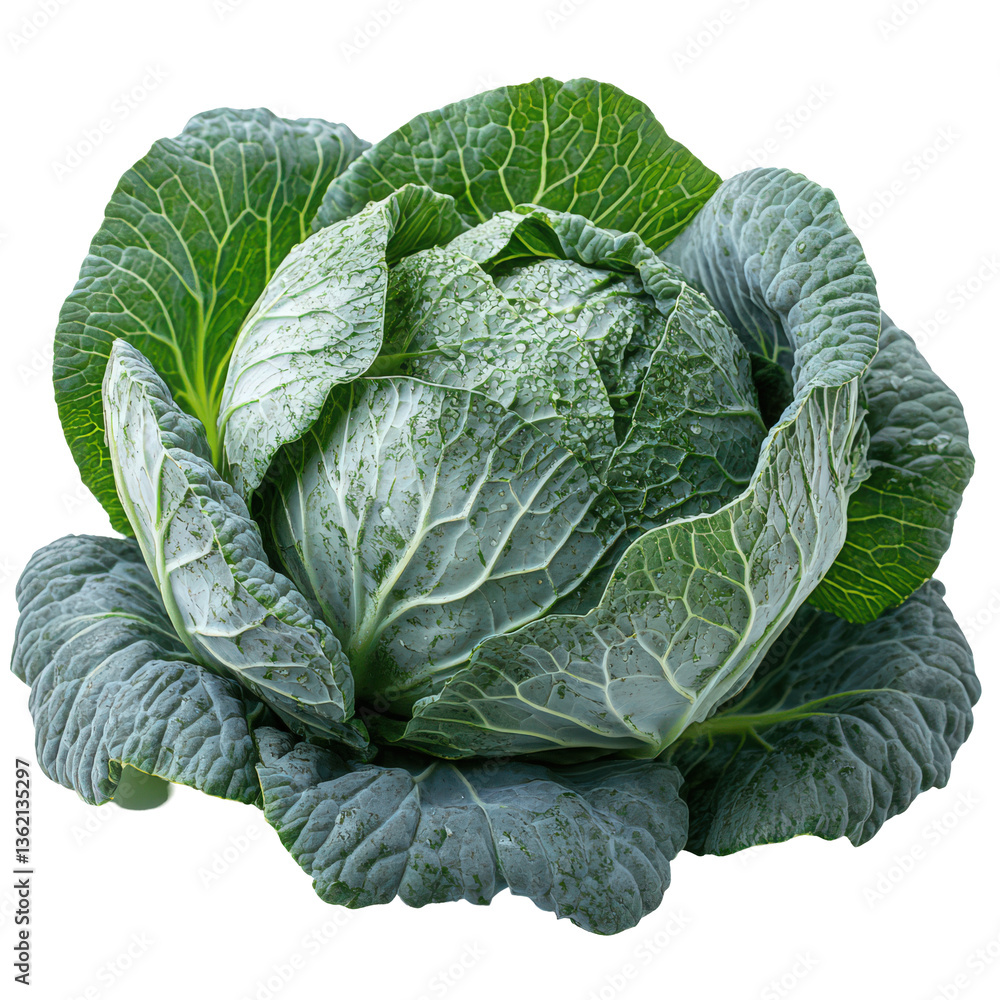 Obraz premium Close-up Captivating Savoy Cabbage Head Exhibiting Intricate Leaf Veins isolated on transparent background
