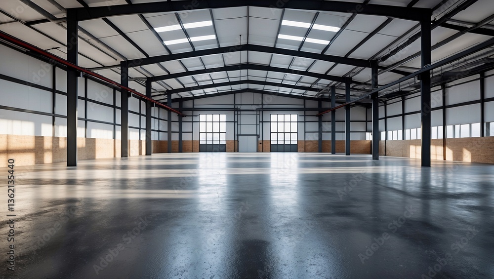 Bright industrial warehouse interior with polished floors Bright industrial warehouse interior with polished floors