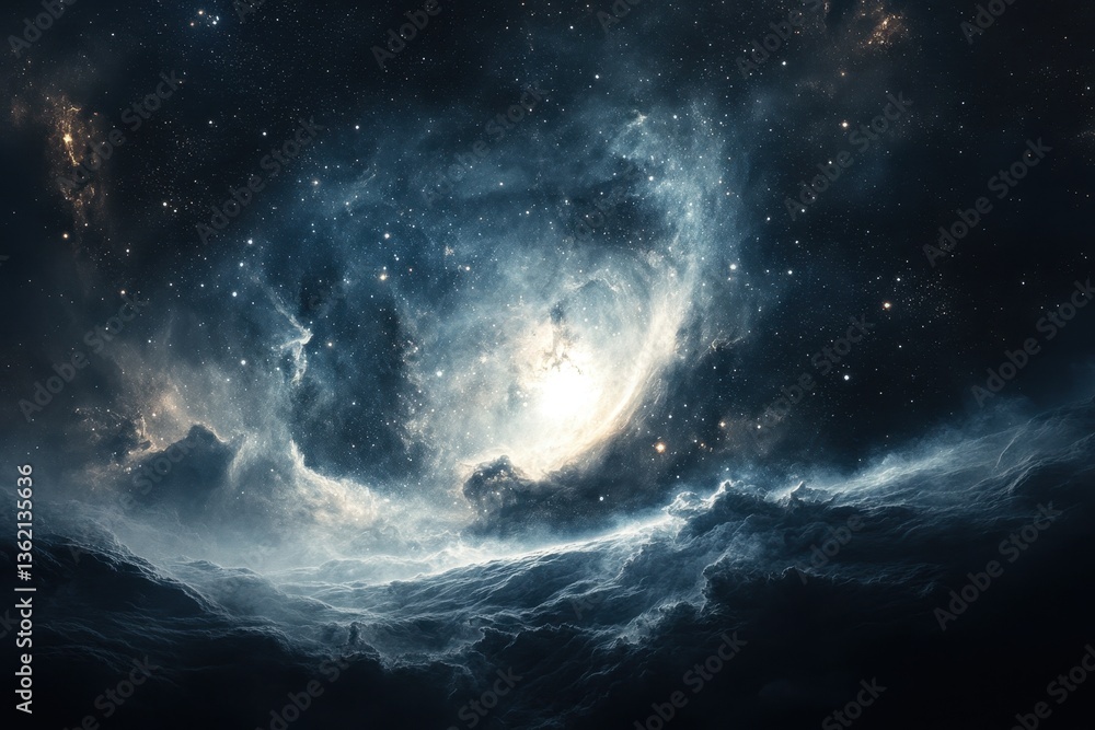 Naklejka premium Cosmic cloud swirling with stars creates a magnificent celestial display at night