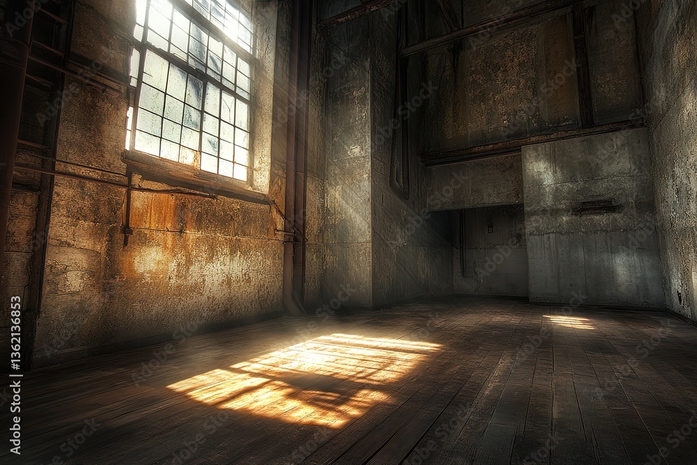 Obraz premium Light Streaks Through Old Window in Industrial Room Grunge Texture, Sunlight Effect