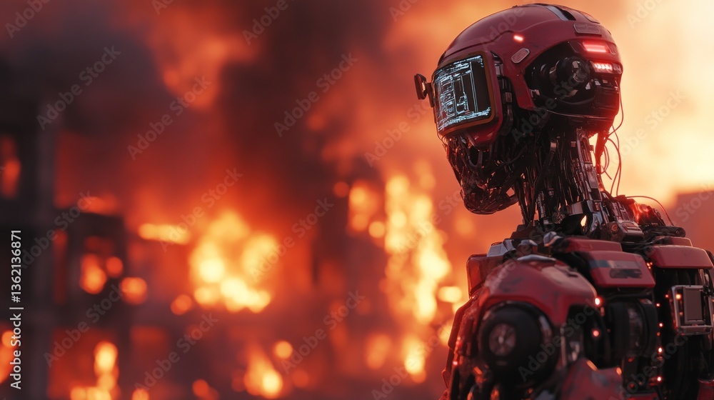 Fototapeta premium Cyberpunk Apocalypse: Red Robot Witnessing a City in Flames