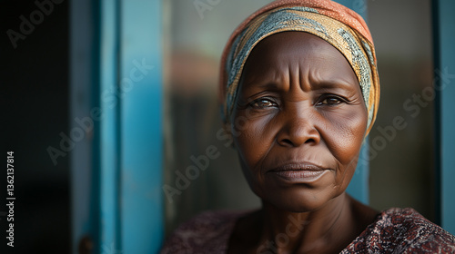 Elderly African woman with a thoughtful expression stands near a blue door in a rural setting during daytime 