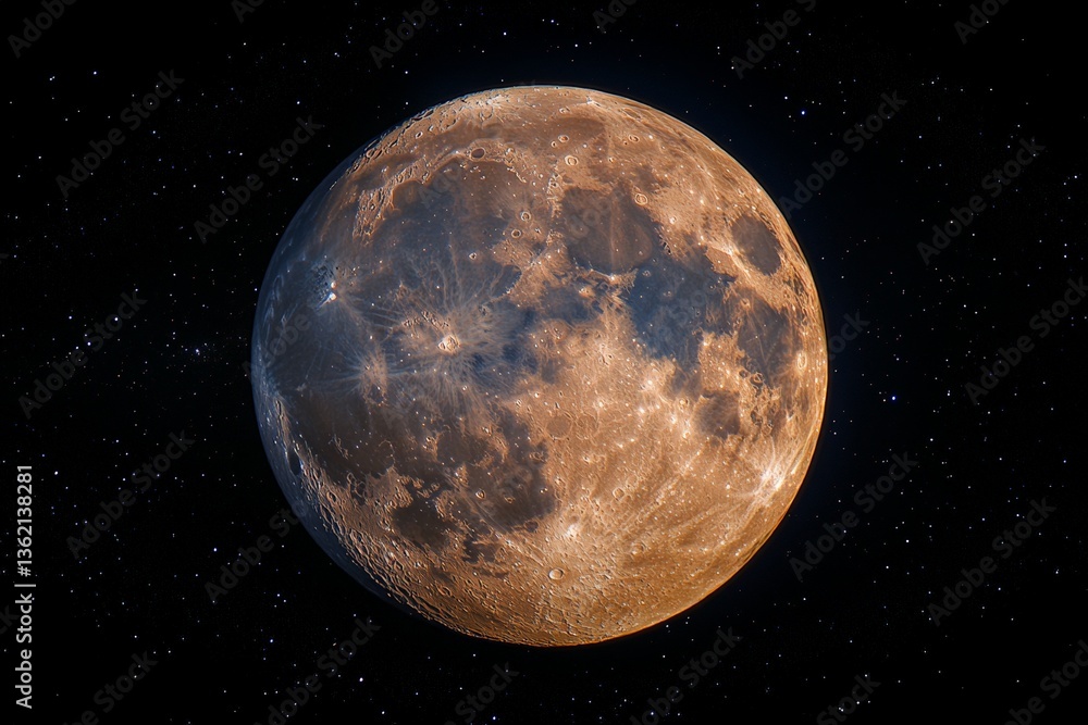 Obraz premium Detailed view of a full moon against a starry night sky showcasing its craters and texture
