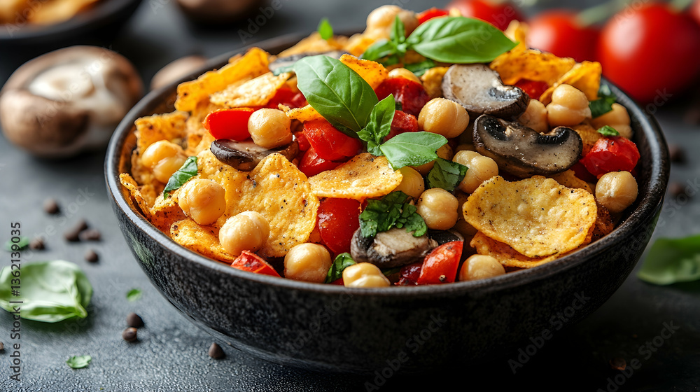 Bowl filled with chickpeas, chips, mushrooms, tomatoes, and basil Bowl filled with chickpeas, chips, mushrooms, tomatoes, and basil