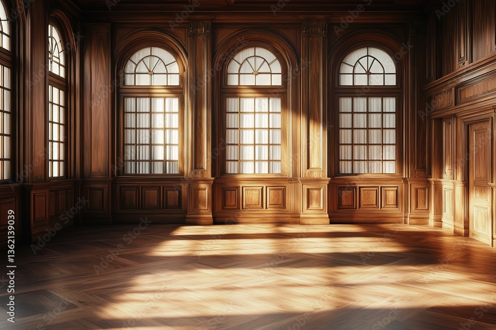 Ornate Wood Paneling Interior With Arched Windows & Sunlight Beam In Classic Style Ornate Wood Paneling Interior With Arched Windows & Sunlight Beam In Classic Style