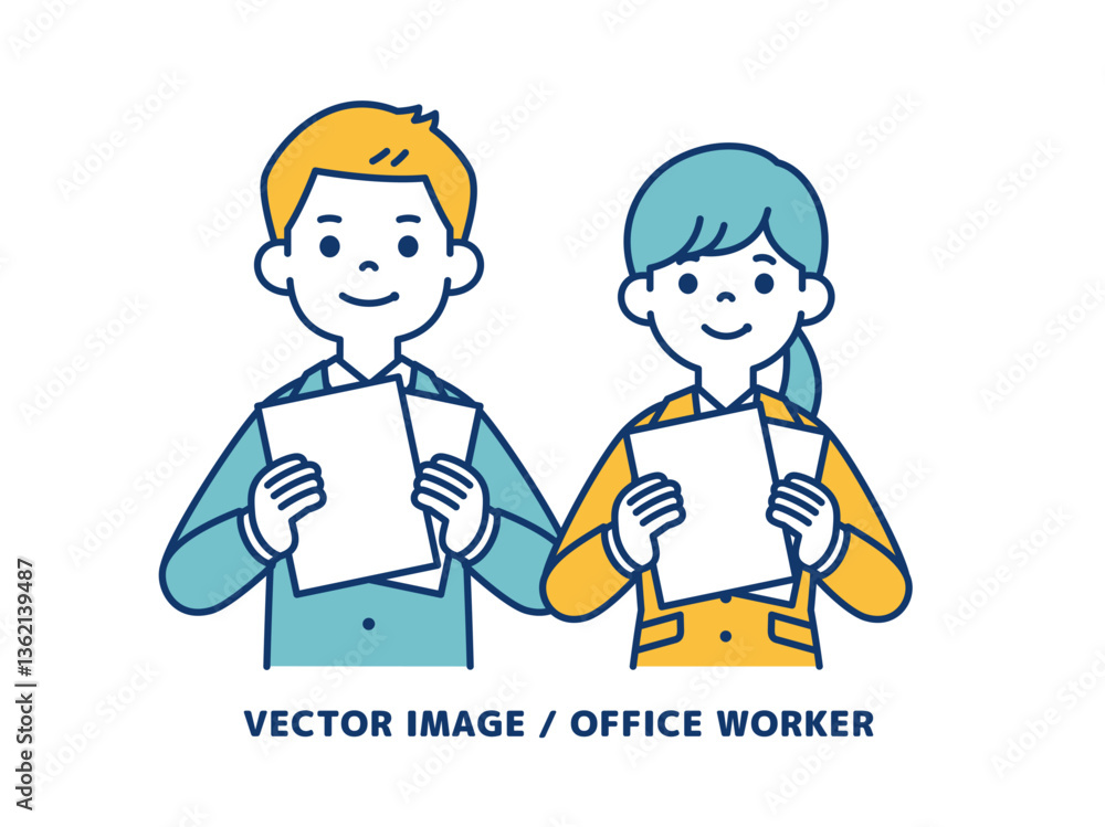 両手で書類を持つ、男女の会社員のシンプルなベクターイラスト素材_線の編集可能 両手で書類を持つ、男女の会社員のシンプルなベクターイラスト素材_線の編集可能