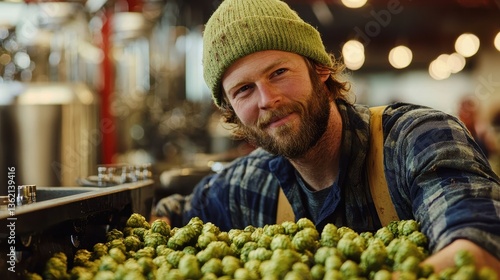 Smiling man poses near green hops ready for processing
