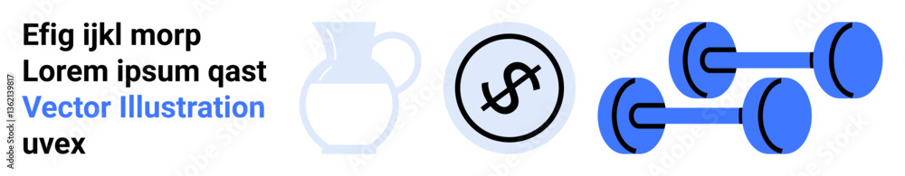 Blue dumbbells, coin with dollar sign, and jug for physical health, finance, and hydration. Ideal for fitness, finance, health awareness, gym promotions savings lifestyle simple landing page Blue dumbbells, coin with dollar sign, and jug for physical health, finance, and hydration. Ideal for fitness, finance, health awareness, gym promotions savings lifestyle simple landing page