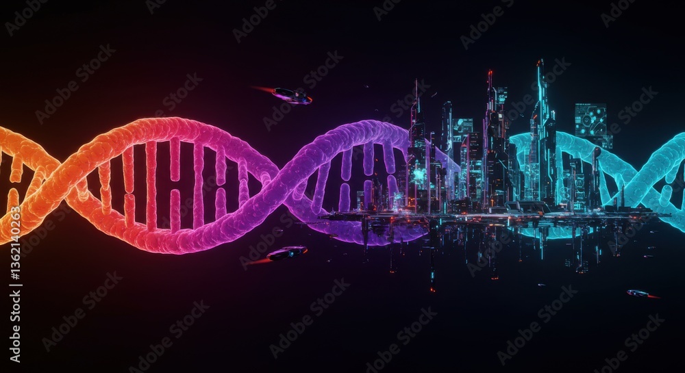 Obraz premium Pulsating Neon RNA Helix Transforming into Futuristic Cityscape