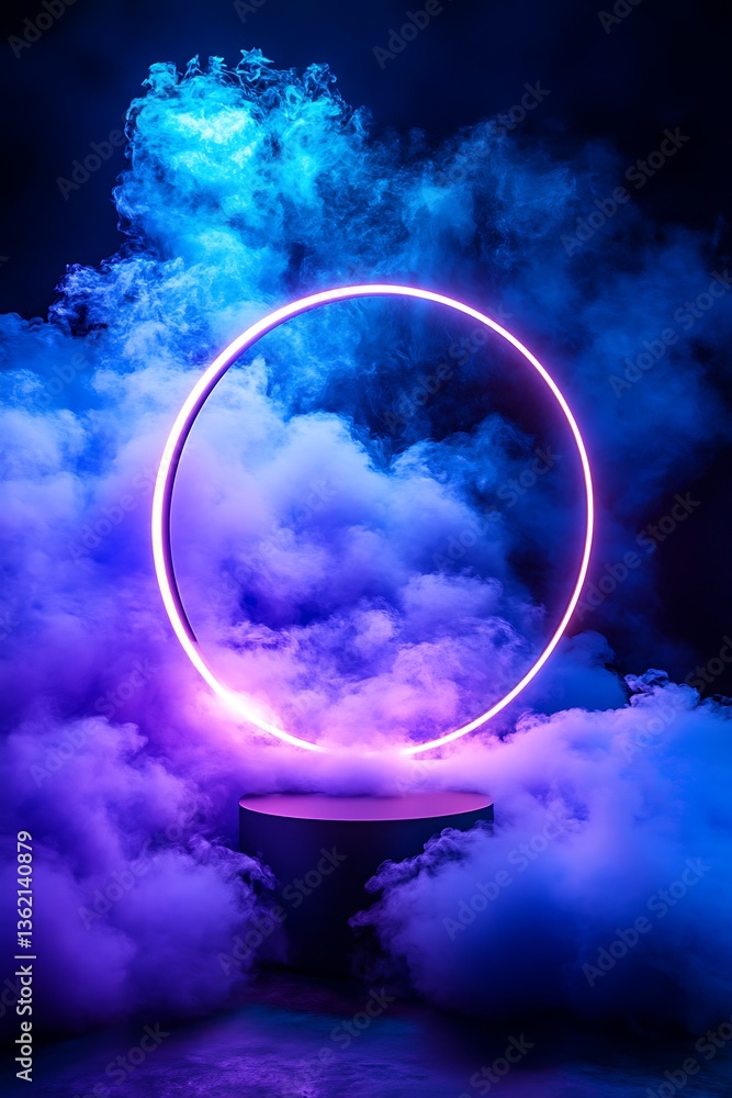 Obraz premium Neon Circle on Podium, Smoky Background