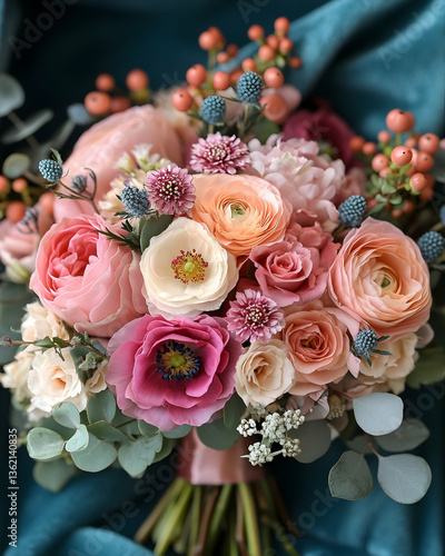 Bridal bouquet with pink, peach, and blue accents, against a soft blue fabric backdrop