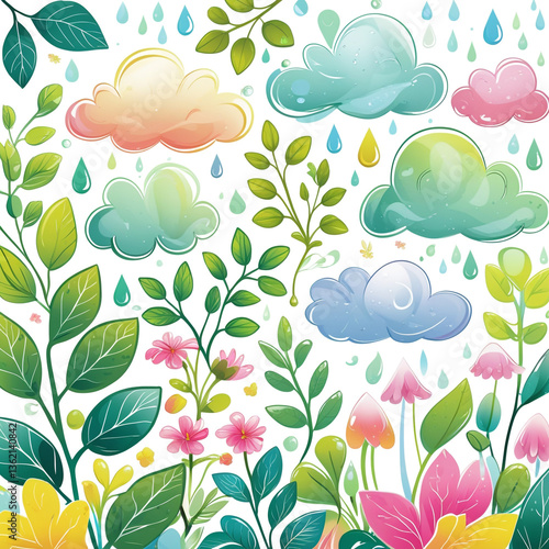 A colorful vector doodle set of nature-inspired elements, including leaves, clouds, raindrops, and flowers, with a clean and modern design.