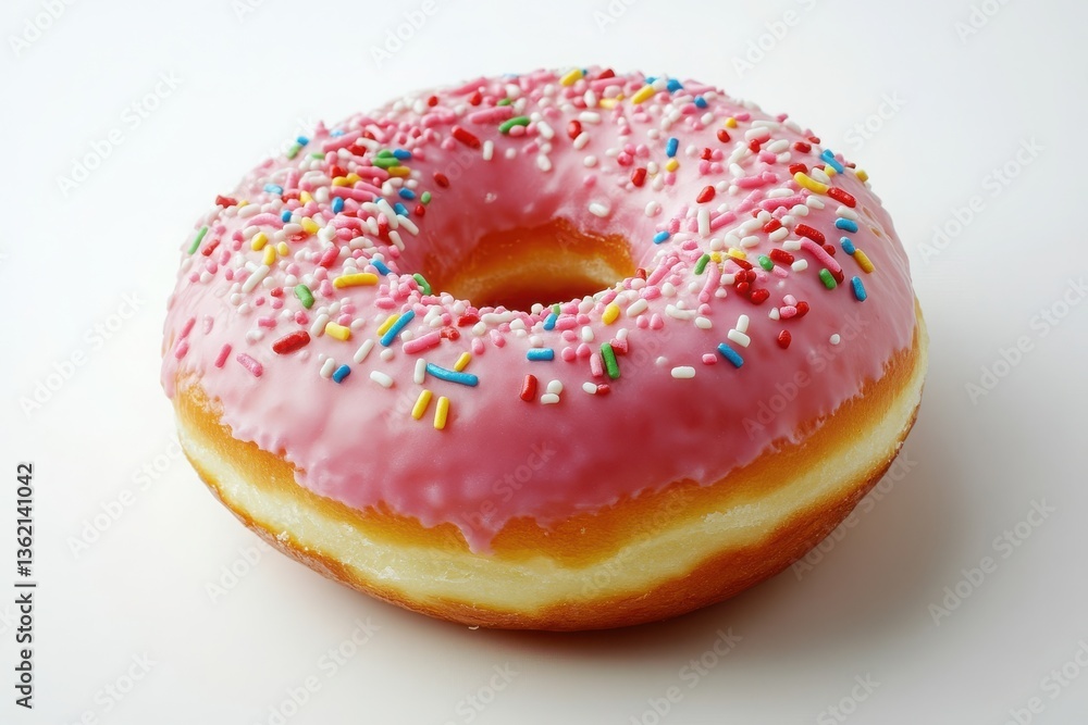 A donut with pink frosting and colorful sprinkles displayed on a white background for a fun and vibrant dessert presentation A donut with pink frosting and colorful sprinkles displayed on a white background for a fun and vibrant dessert presentation