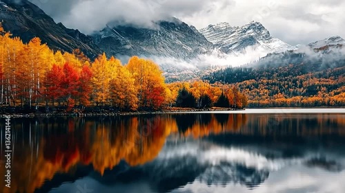 Wallpaper Mural A scenic view of a lake with a reflection of red and yellow trees, under a dramatic cloudy sky. Torontodigital.ca