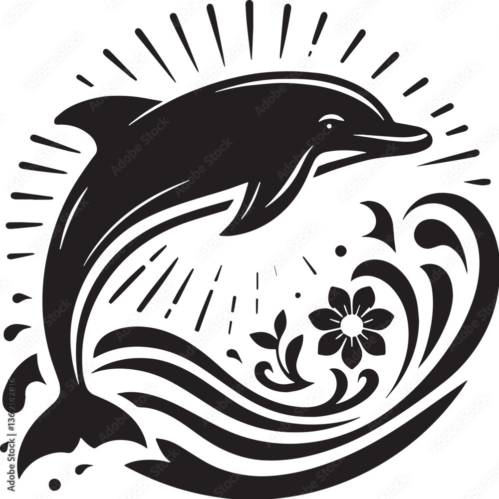 Naklejka premium Black Color Dolphin Silhouette Vector Illustration, Solid White Background