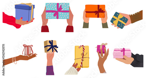 Different female and male hands holding gift boxes, birthday, anniversary, christmas presents. Arms wrapping, preparing gifts, new year souvenirs. Vector illustrations isolated