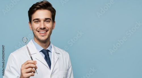 Smiling young male dentist holding dental tool against a light blue background with copy space