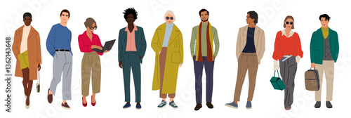 Set of stylish young men and women wearing autumn street fashion outfit. Different business people in smart casual warm clothes. Vector realistic illustrations isolated