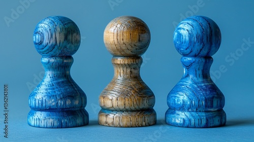 Three different colored wooden figures lined up